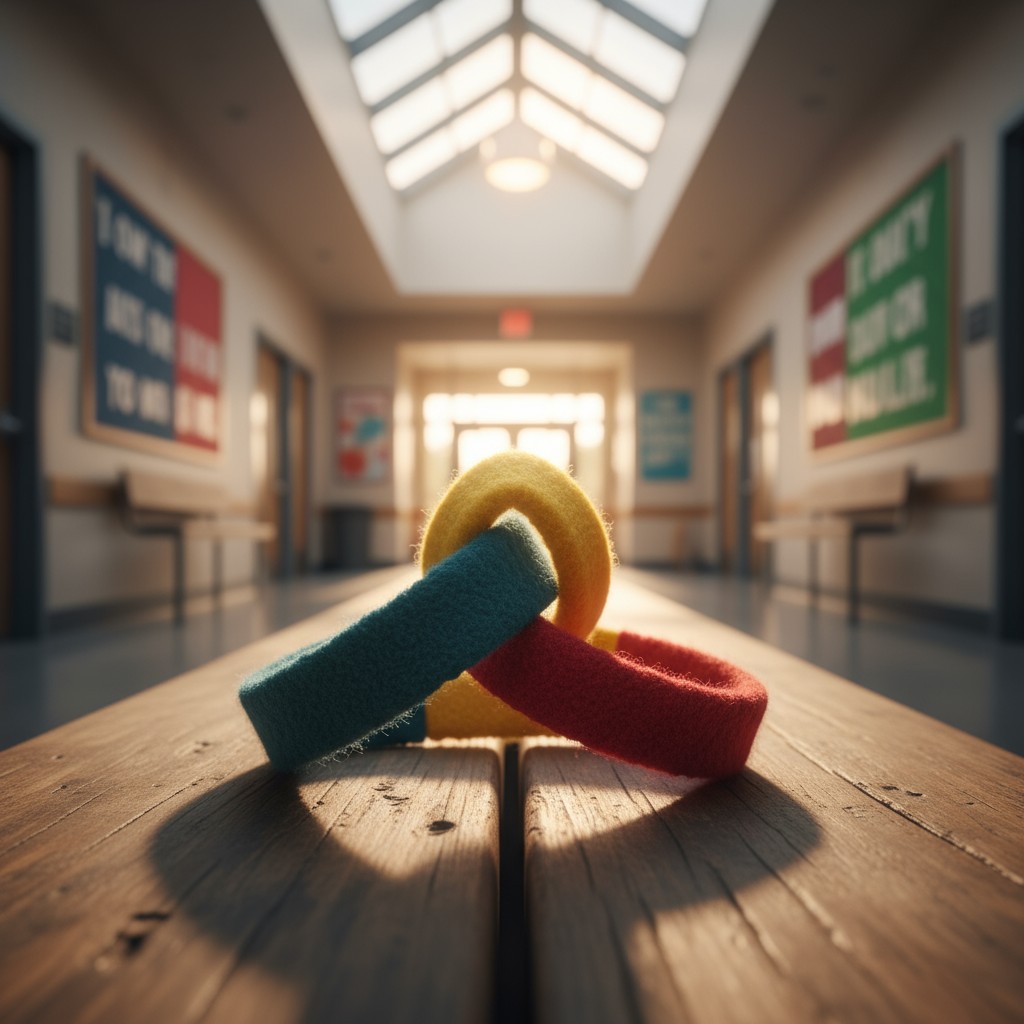 Two felt bracelets, one blue and one red, resting on a bench in playground hallway, with school signs.
