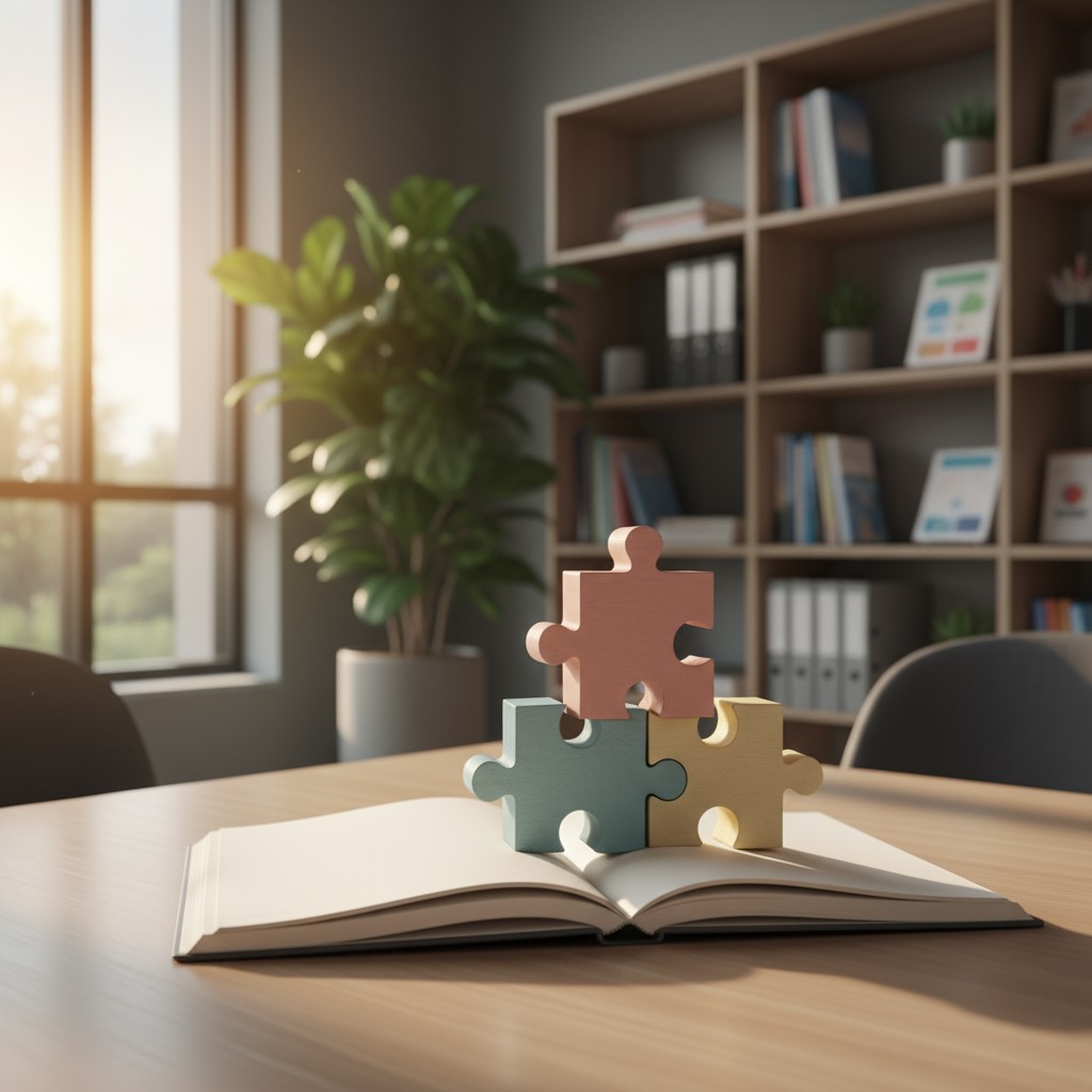 A stack of four puzzle pieces on top of an open book in a classroom-like setting with a wooden table.